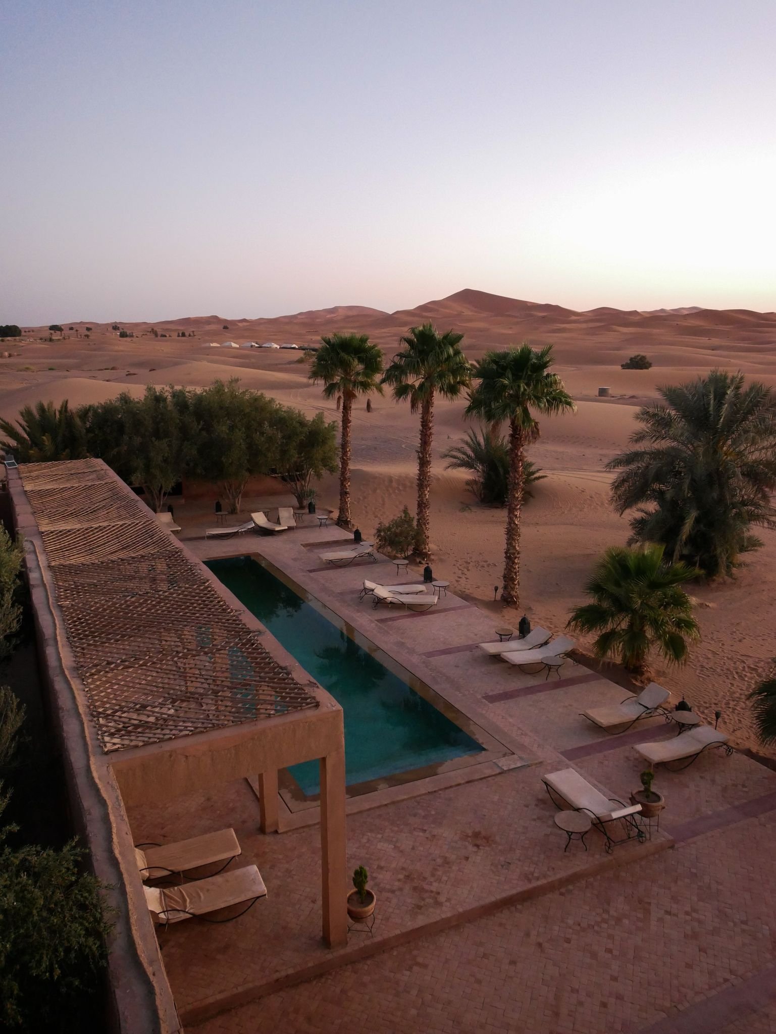 Camp pool and palm oasis at dusk, dunes of Erg Chebbi behind